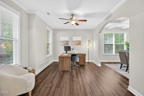 a workspace with wooden floor
