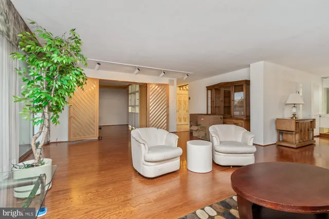 a view of a hallway with wooden floor and a potted plant