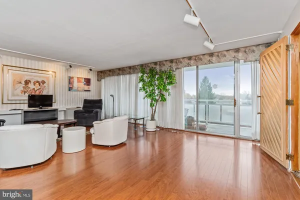 a living room with couches and a potted plant with wooden floor