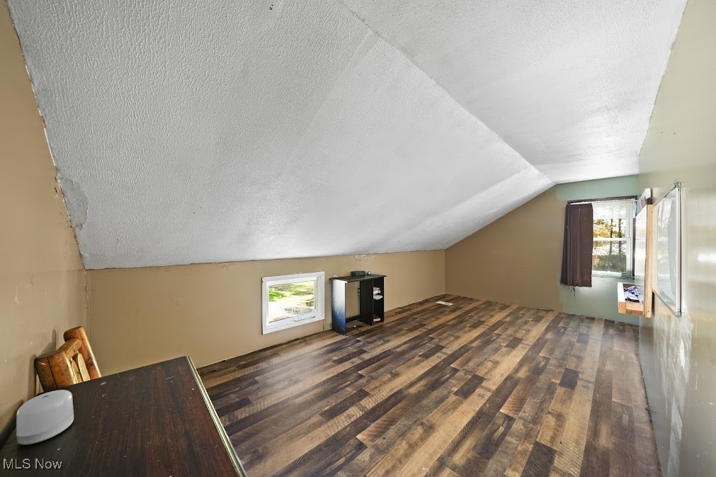 15298 Shedd Road Middlefield, OH 44062 - Photo 11 of 30 Additional living space featuring dark wood-type flooring, vaulted ceiling, and a textured ceiling