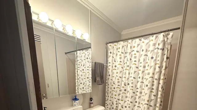 a bathroom with a shower curtain and a window
