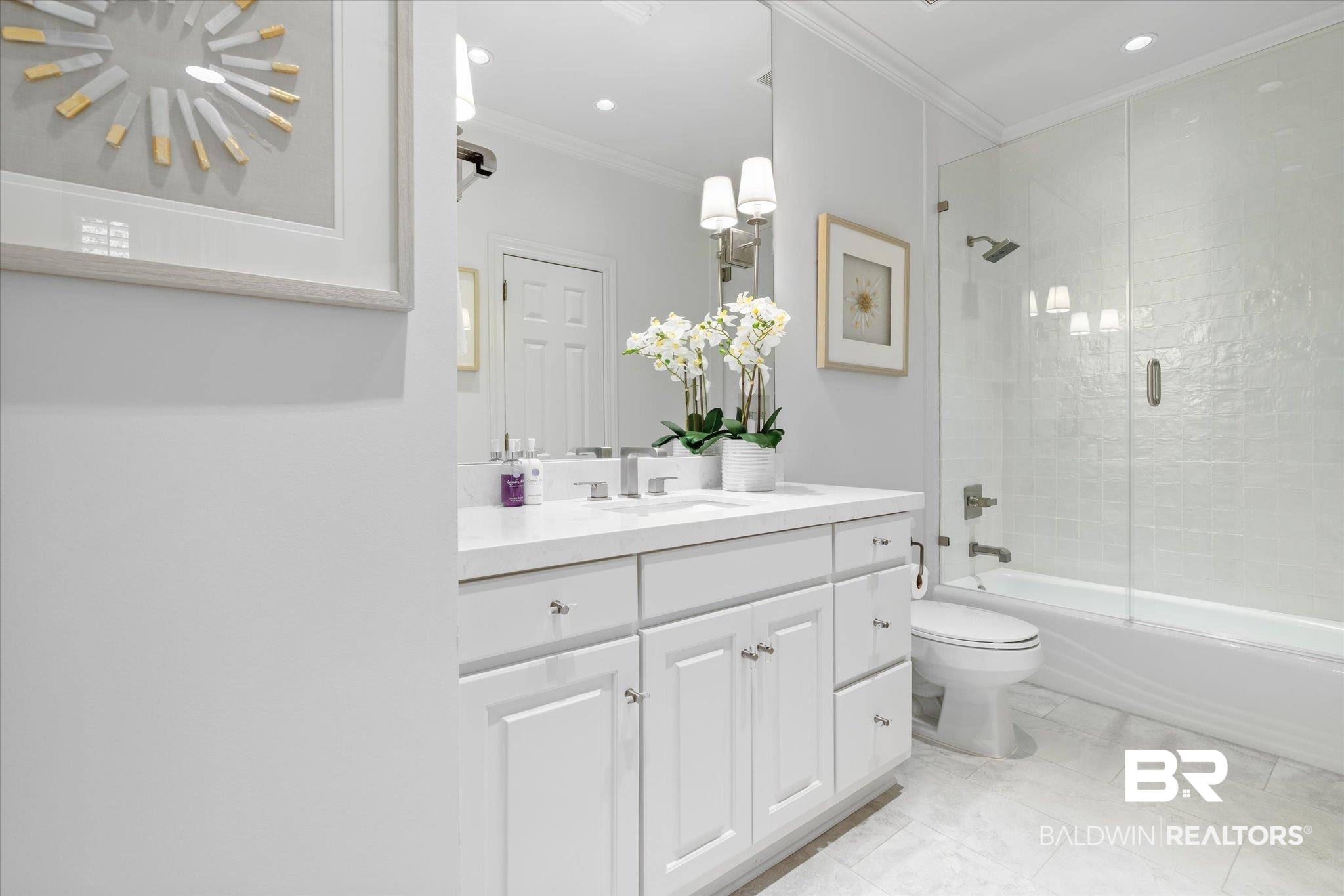 320 Long Court Mobile, AL 36608 - Photo 45 of 61 Full bathroom featuring shower / bath combination with glass door, vanity, crown molding, and toilet