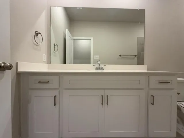 a bathroom with a sink vanity and a mirror