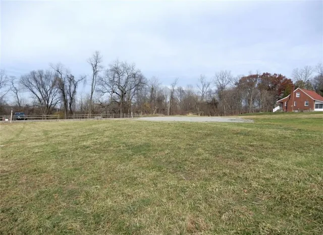 a view of a field with trees in the background
