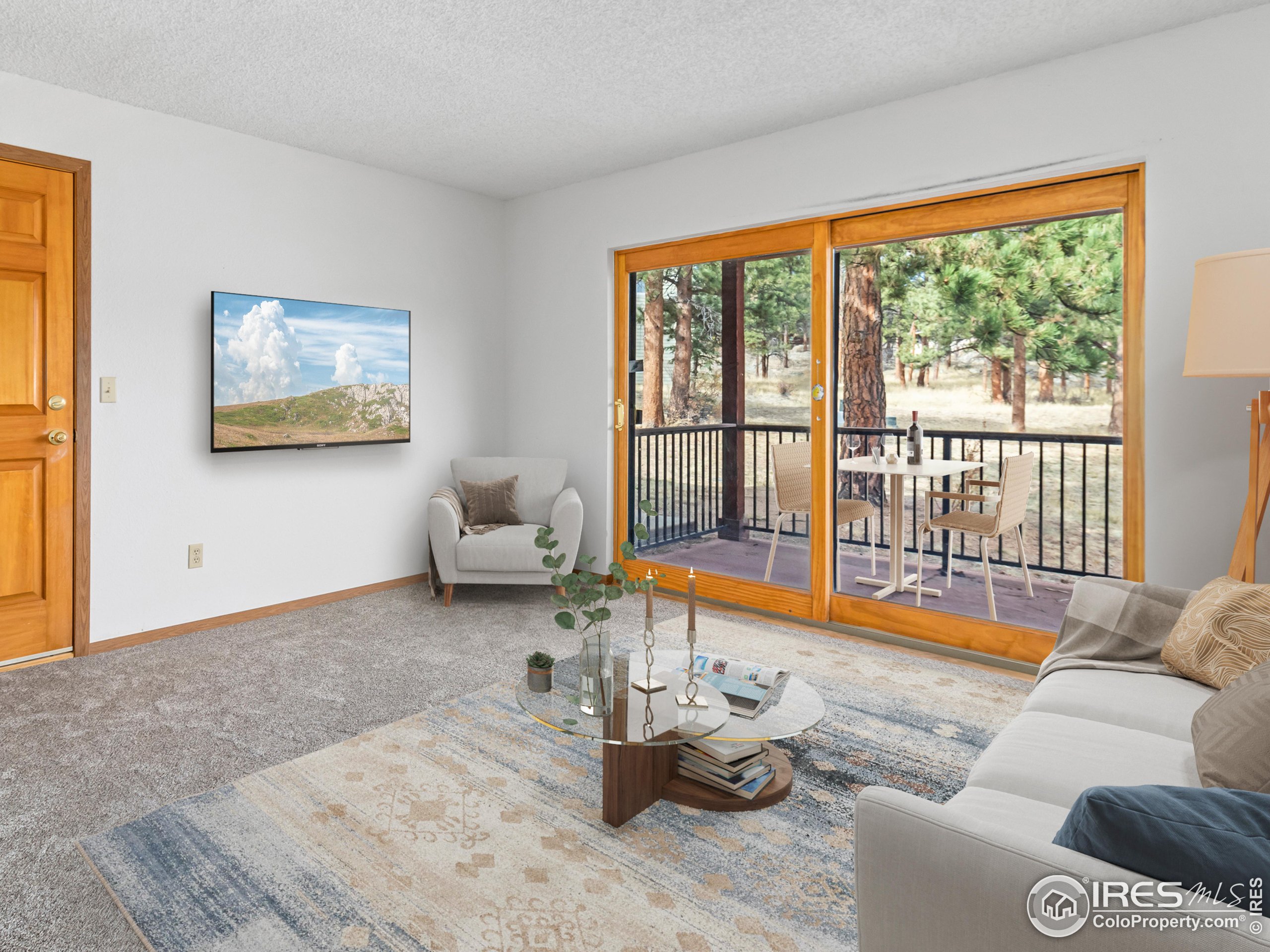 1155 South St Vrain Avenue, Unit 13 Estes Park, CO 80517 - Photo 2 of 18 a living room with furniture and a floor to ceiling window