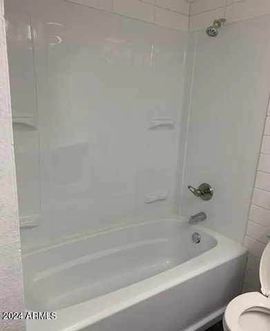 a bathroom with a bathtub and a toilet