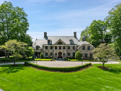 a view of a house with a big yard potted plants and large trees
