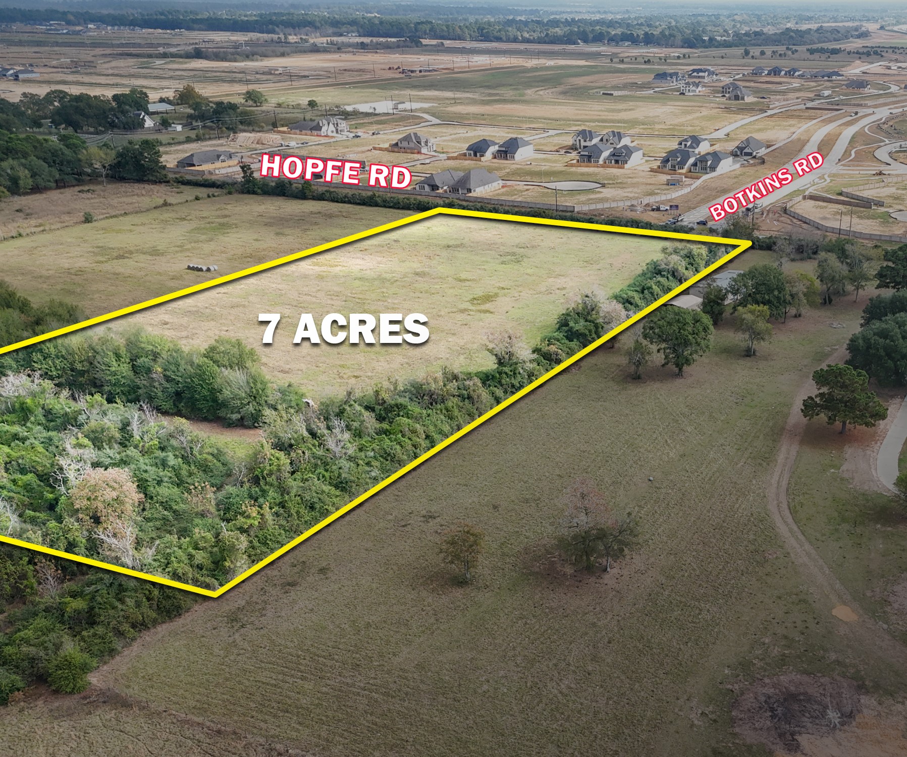 0 Hopfe Road Hockley, TX 77447 - Photo 3 of 4 Aerial overview of the property highlighting the 7-acre tract, clearly defined boundaries, and desirable corner location with excellent road frontage and easy access.