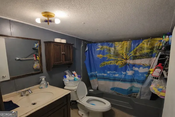 a bathroom with a sink mirror vanity and toilet