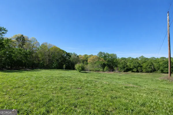 a view of a grassy field with trees in the background
