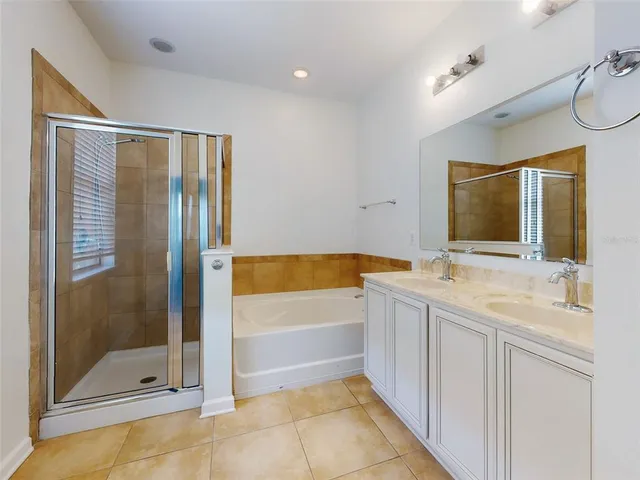 a bathroom with a tub sink shower and mirror