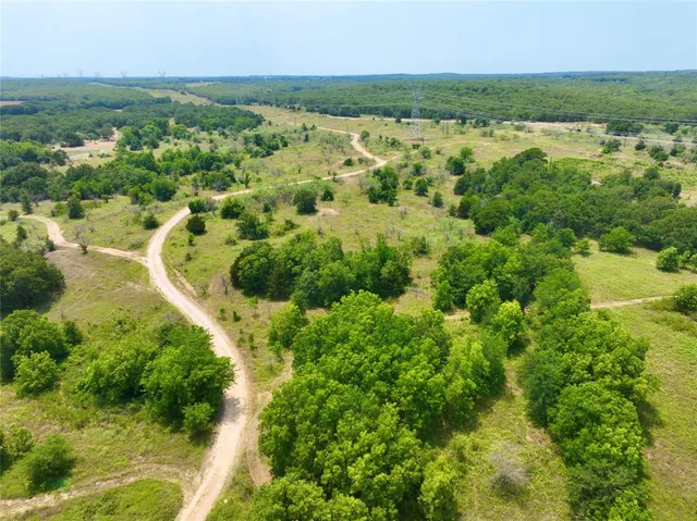 an aerial view of residential houses with outdoor space and trees