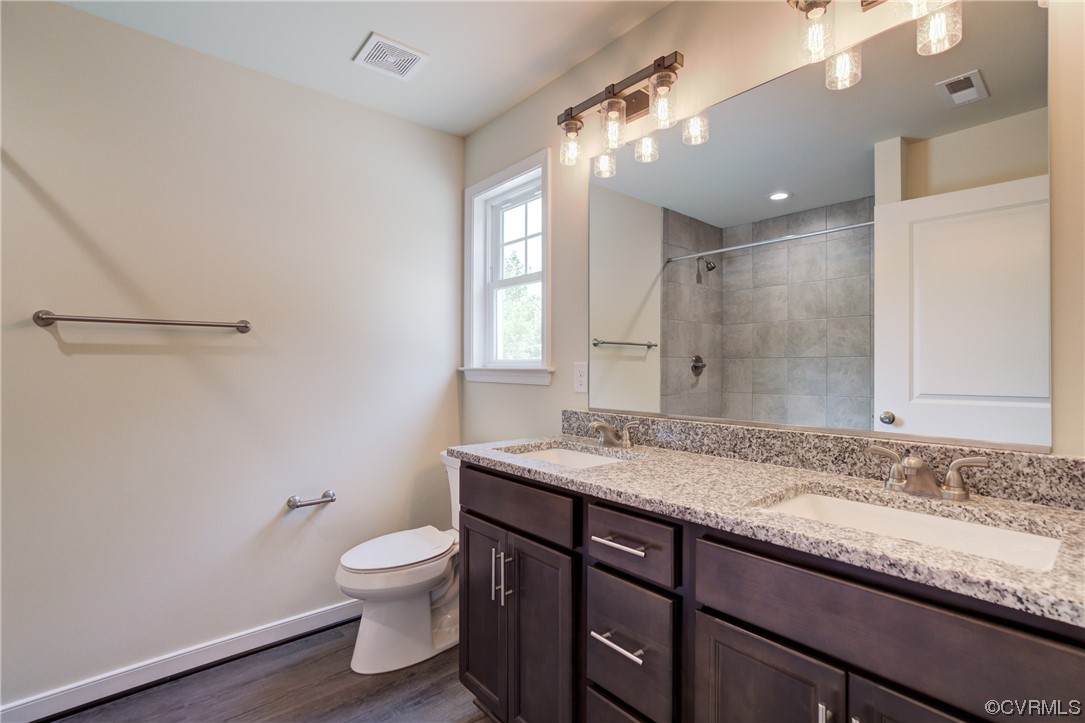400 New S Ridge Road Bumpass, VA 23024 - Photo 27 of 41 a bathroom with a granite countertop sink a toilet and a mirror
