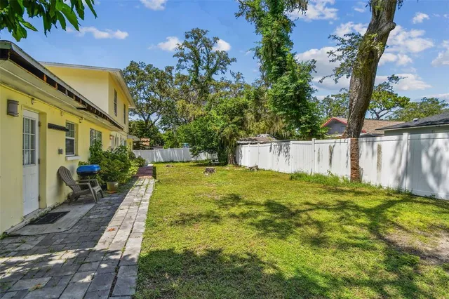 a view of a yard with plants and trees