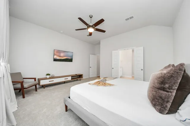 a bedroom with a bed and dresser