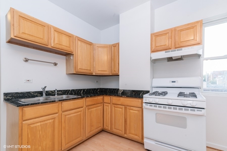 912 North Ashland Avenue, Unit 3C Chicago, IL 60622 - Photo 5 of 7 a kitchen with granite countertop cabinets stainless steel appliances and wooden cabinets