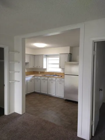a kitchen with a refrigerator sink and cabinets