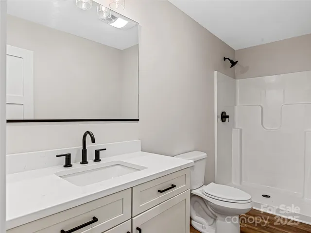 a bathroom with a sink a toilet and shower