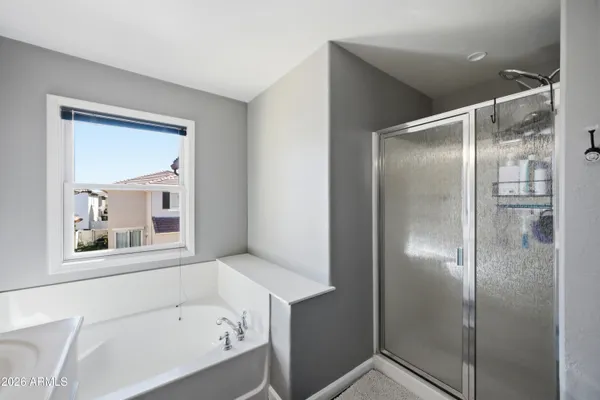 a bathroom with a bathtub and a shower