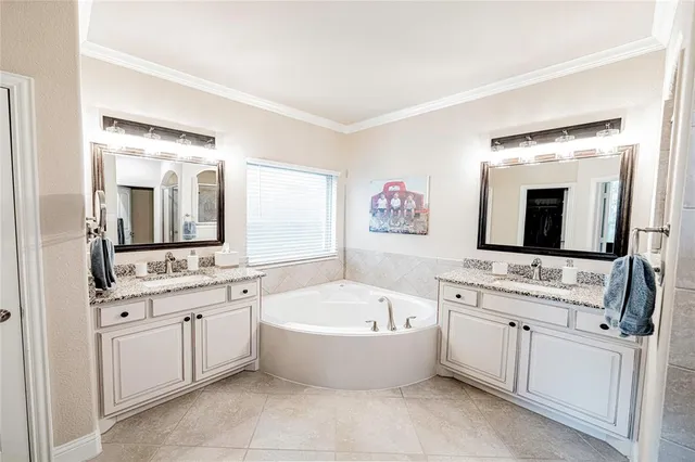 a bathroom with a tub a sink and mirror