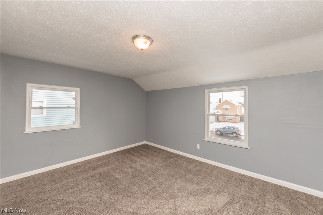 3880 Strandhill Road Cleveland, OH 44128 - Photo 19 of 33 Unfurnished room featuring carpet floors, a textured ceiling, and lofted ceiling