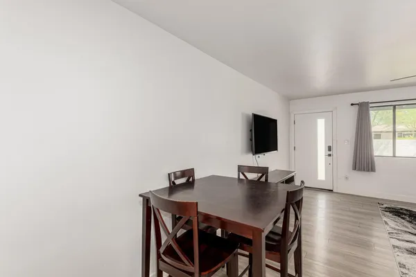 a view of a dining room with furniture