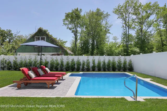 a garden view with a seating space