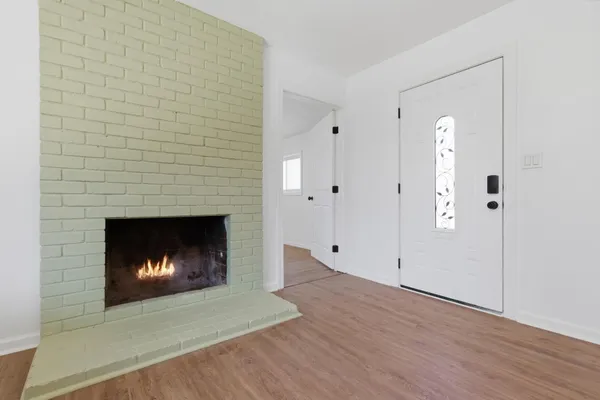 a room with a fireplace