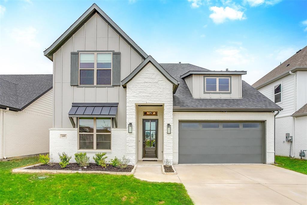 105 Observation Court Aledo, TX 76008 - Photo 1 of 1 Modern inspired farmhouse with board and batten siding, a shingled roof, brick siding, and a garage