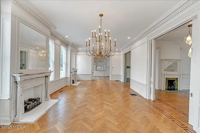 a room with a fireplace and a window