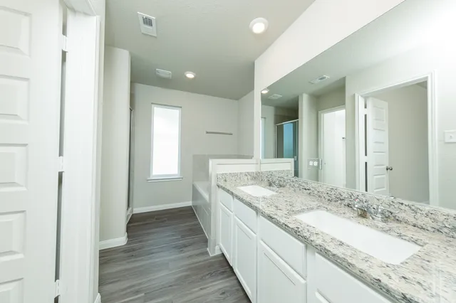 a bathroom with a granite countertop double vanity sink and a mirror