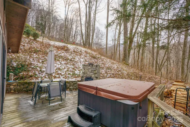 a view of balcony with wooden floor