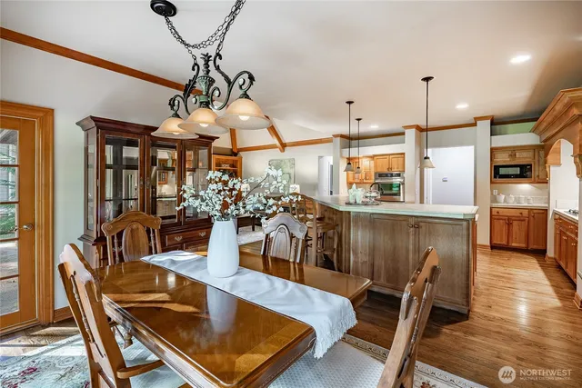 a view of a dining room with furniture