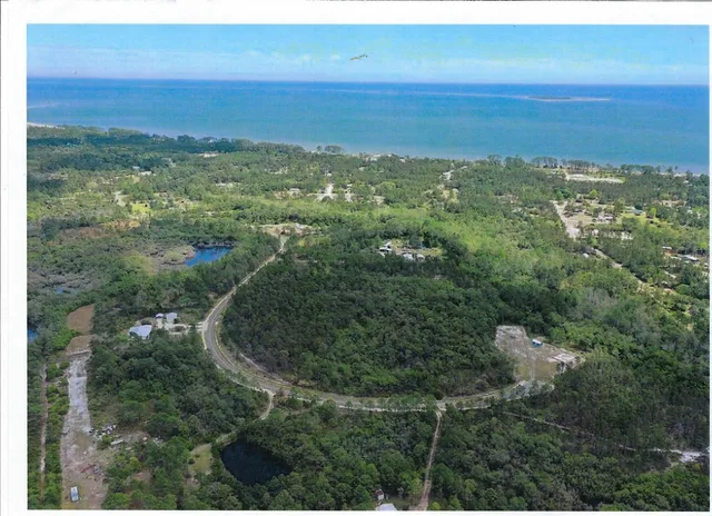 an aerial view of residential houses with outdoor space and trees