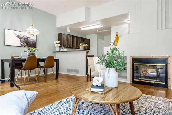 a living room with furniture a flat screen tv and a fireplace
