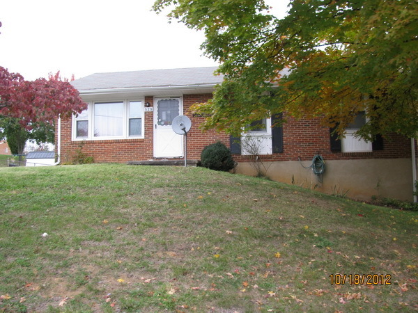 a front view of a house with a yard and a tree