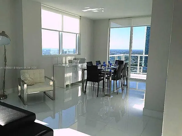 a view of a dining room with furniture window and outside view