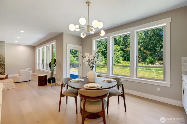 a view of a dining room with furniture window and outside view