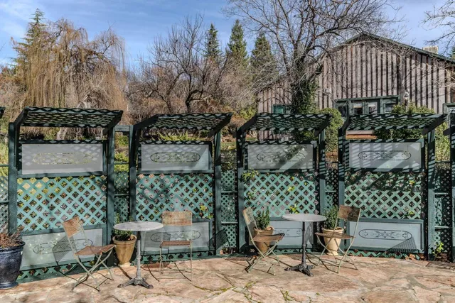 a view of a park with large trees