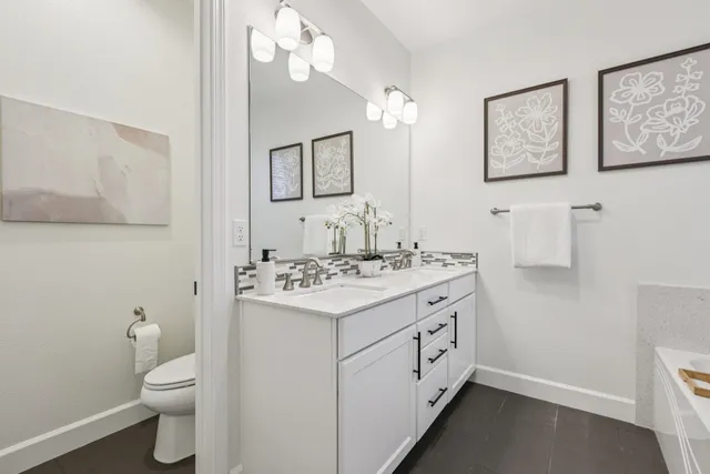 a bathroom with a double vanity sink and a toilet