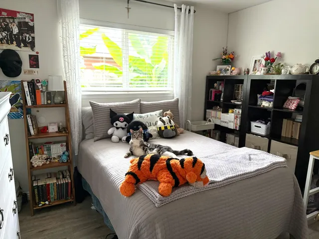 a bedroom with bed and a window