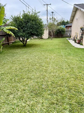 a view of a garden with a house