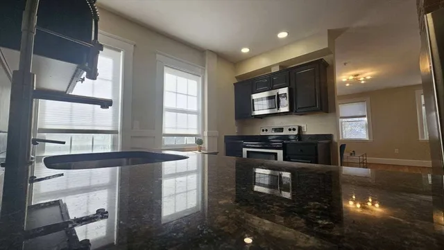 a kitchen with stainless steel appliances granite countertop a stove a sink and a microwave