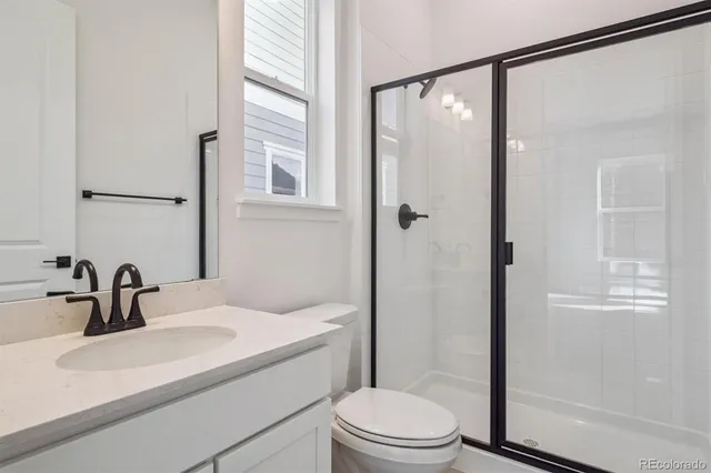 a bathroom with a sink a mirror a toilet and shower