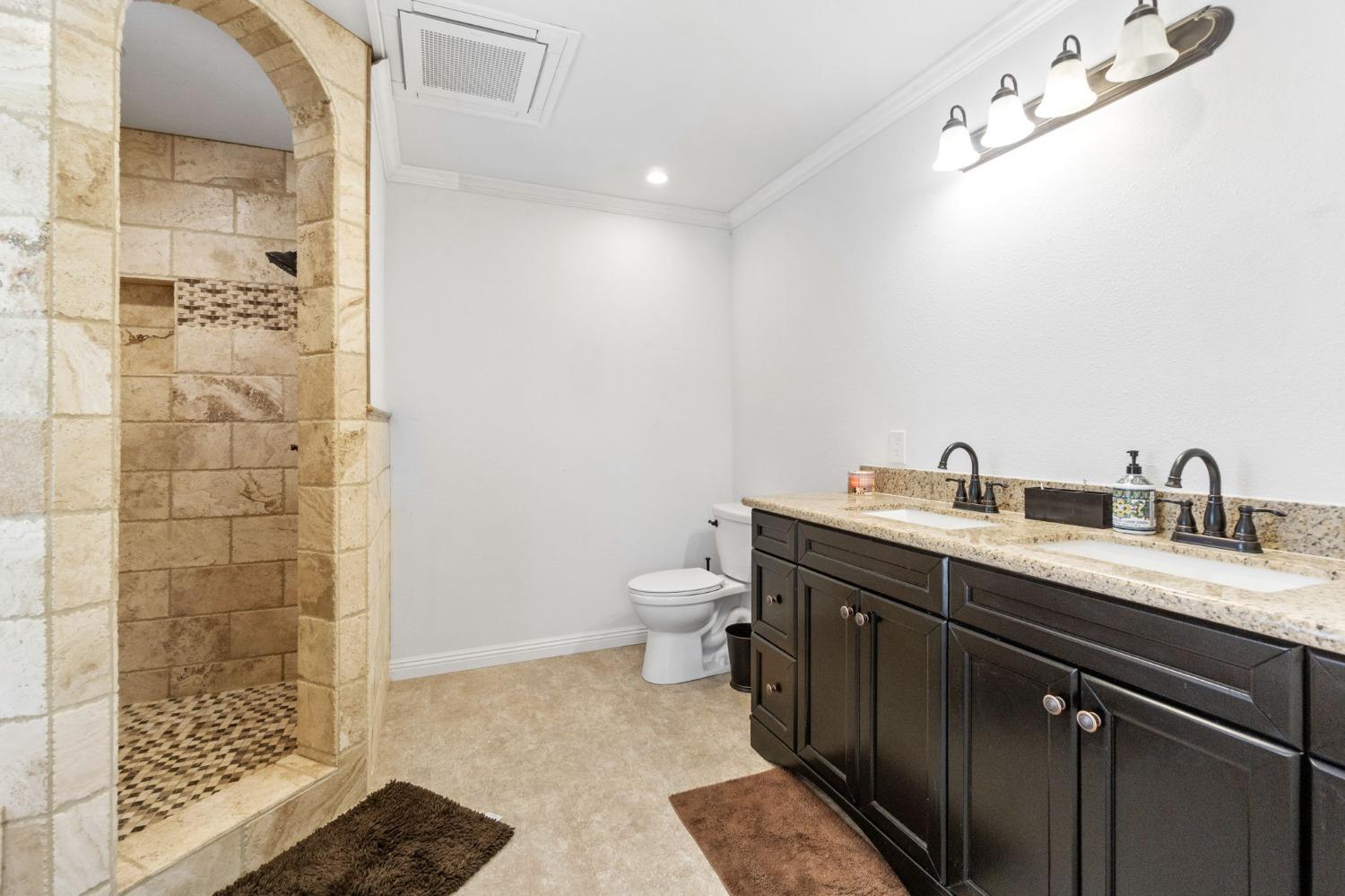 16972 Monreal Road Madera, CA 93636 - Photo 24 of 34 a bathroom with a granite countertop sink a toilet and shower