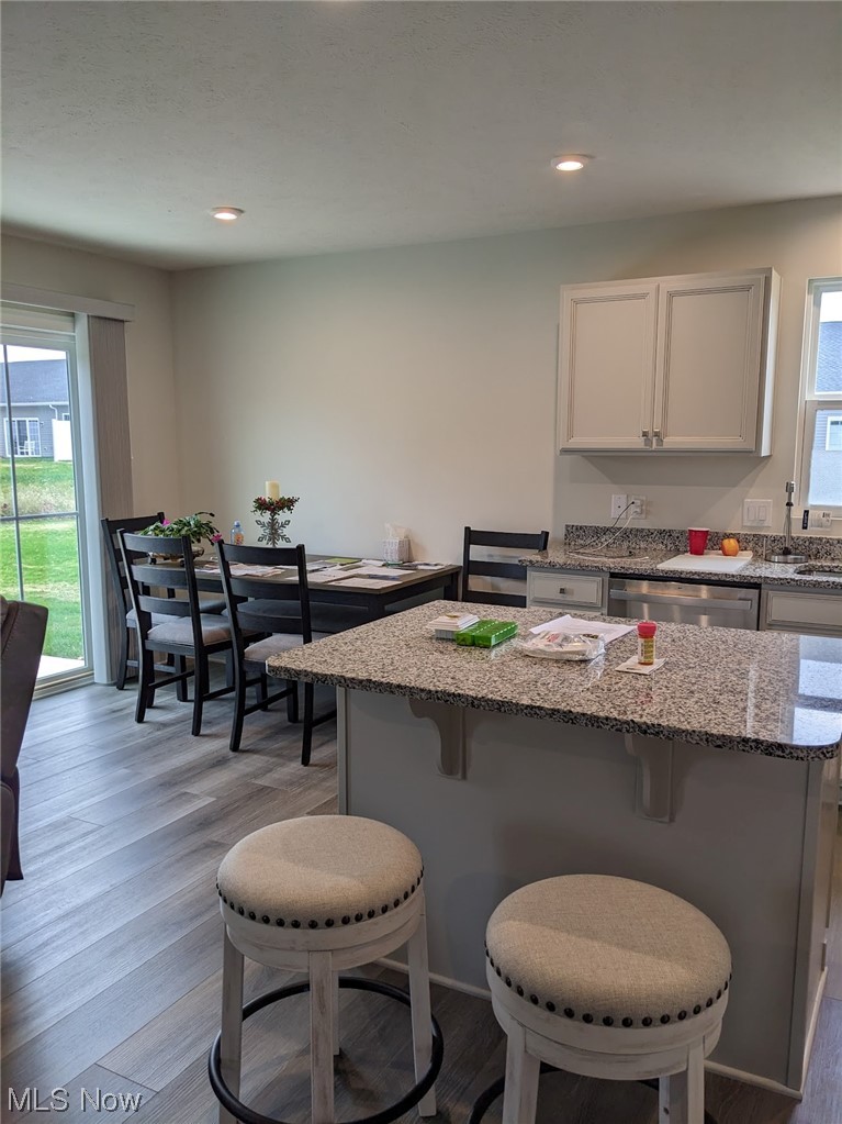 174 West Spring Drive Elyria, OH 44035 - Photo 5 of 19 Kitchen with a kitchen bar, light hardwood / wood-style flooring, dishwasher, light stone countertops, and white cabinets