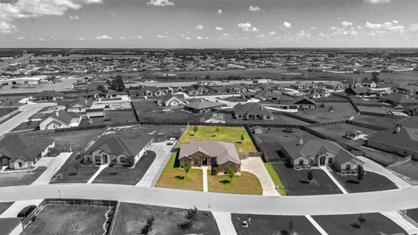 an aerial view of a swimming pool