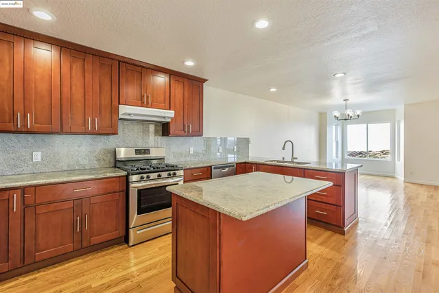 a kitchen with stainless steel appliances granite countertop a stove a sink dishwasher and a refrigerator with wooden floor