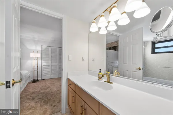 a bathroom with a sink a large mirror and a shower