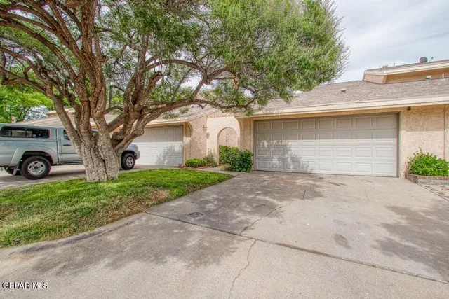 a front view of a house with a garden and tree